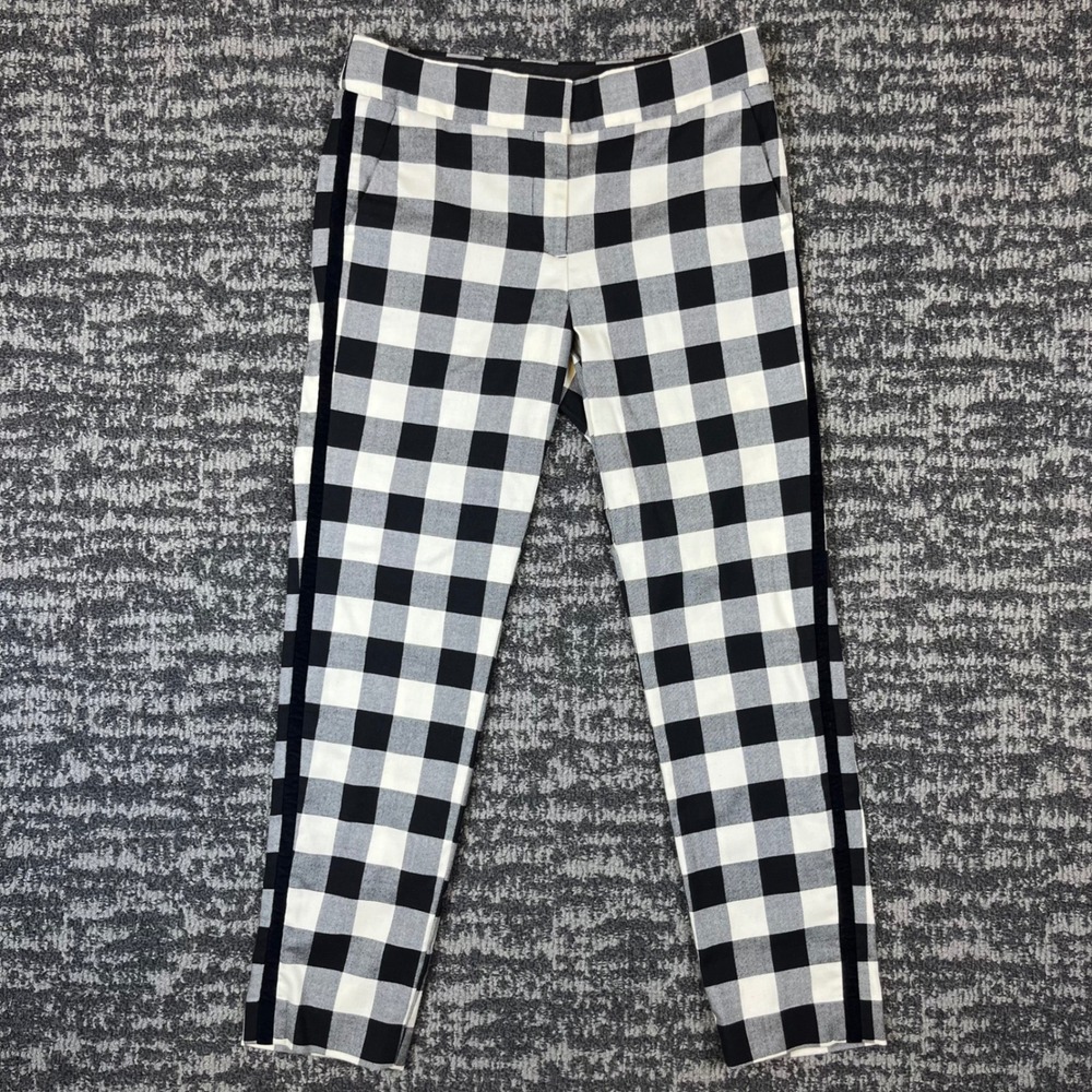 Talbots Hampshire Ankle Pants Womens 2 Ivory Black Buffalo Plaid Tuxedo Stripe